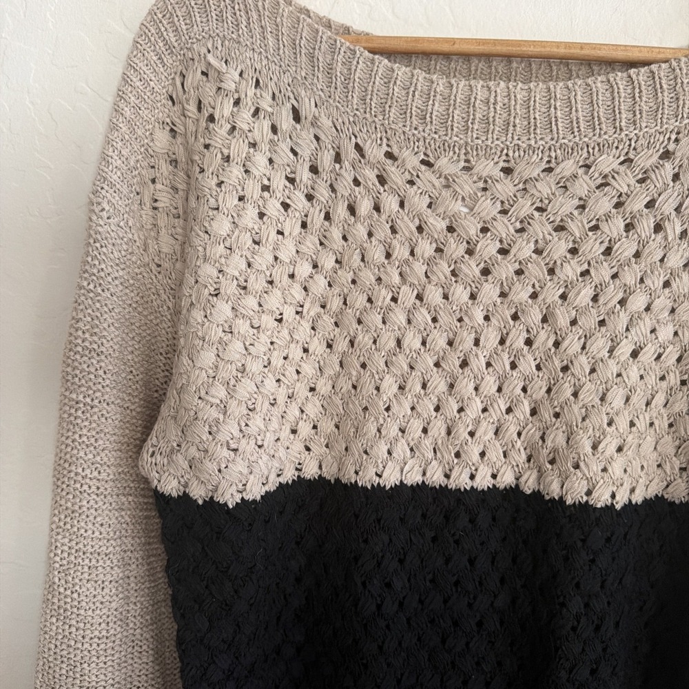 Soft Surroundings L Open Knit ColorBlock Sweater Neutral Boatneck Minimalist - Picture 2 of 5